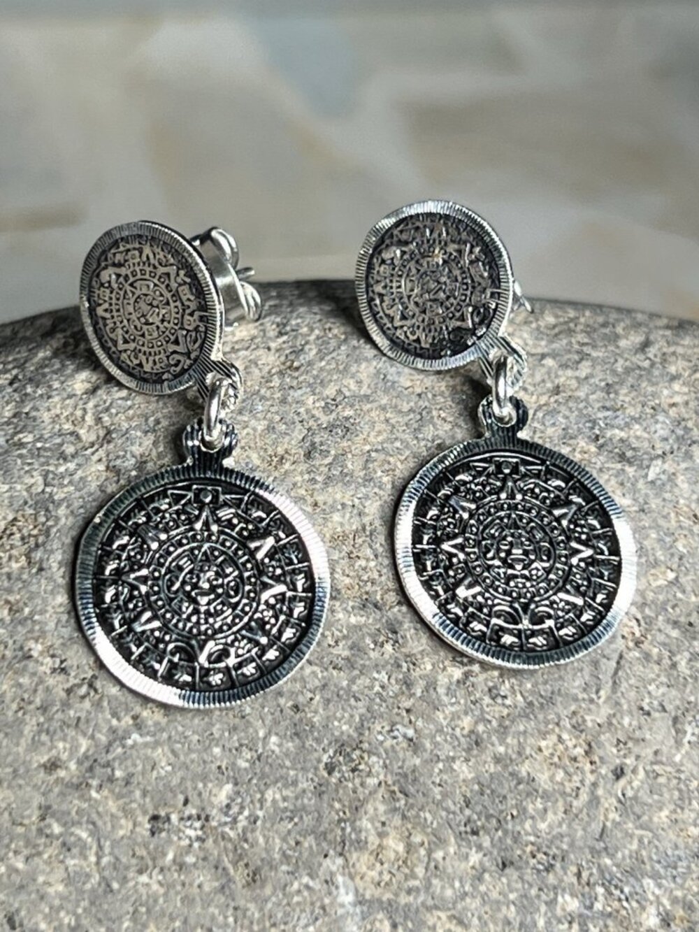 Handcrafted Mexico 950 Silver Double Aztec Calendar Dangle Earrings